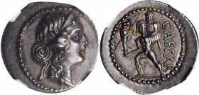 JULIUS CAESAR. AR Denarius (3.91 gms), Military mint traveling with Caesar in North Africa, 48-47 B.C. NGC AU★, Strike: 5/5 Surface: 5/5.

Cr-458/1; C...