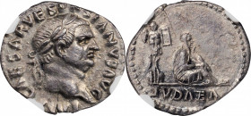 VESPASIAN, A.D. 69-79. AR Denarius (2.66 gms), Rome Mint, ca. A.D. 69-70. NGC Ch AU, Strike: 5/5 Surface: 3/5.

RIC-2; Hendin-1479; RSC-226. 'Judaea C...