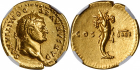 DOMITIAN AS CAESAR, A.D. 69-81. AV Aureus (7.33 gms), Rome Mint, struck under Vespasian, A.D. 76-77. NGC AU, Strike: 5/5 Surface: 4/5.

RIC-918 (Vespa...