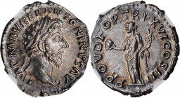 MARCUS AURELIUS, A.D. 161-180. AR Denarius (3.37 gms), Rome Mint, A.D. 162. NGC MS★, Strike: 5/5 Surface: 5/5.

RIC-51; RSC-518. Obverse: Laureate hea...