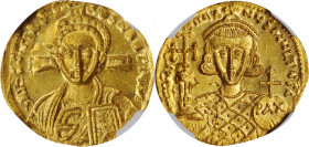 JUSTINIAN II (SECOND REIGN), 705-711. AV Solidus (4.37 gms), Constantinople Mint, ca. 705. NGC MS, Strike: 3/5 Surface: 4/5. Clipped, Die Shift.

S-14...
