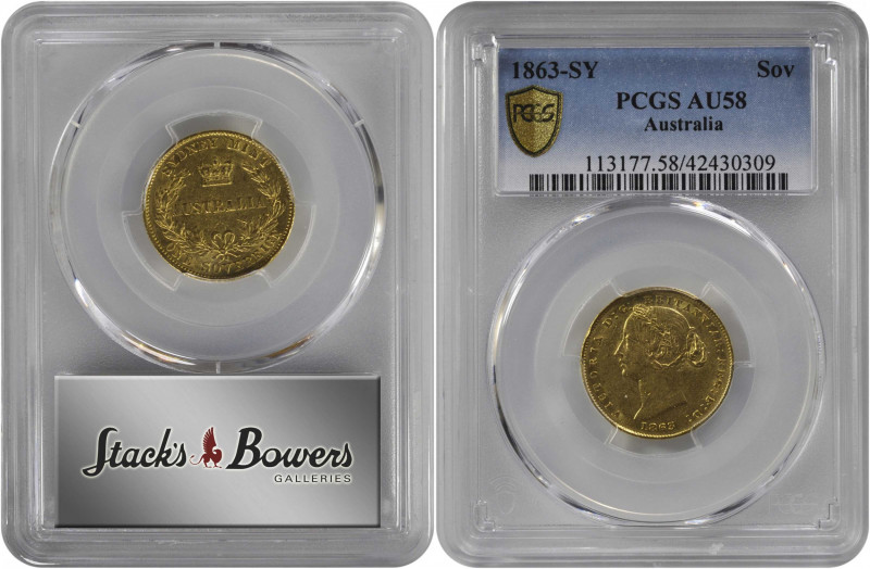 AUSTRALIA. Sovereign, 1863-S. Sydney Mint. Victoria. PCGS AU-58 Gold Shield.

Fr...
