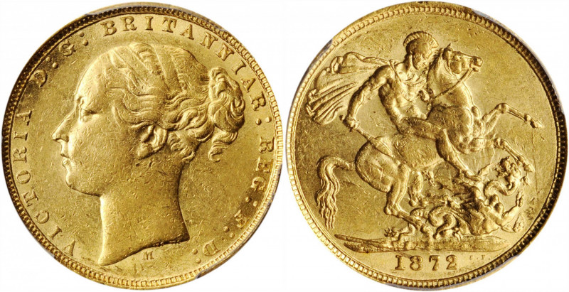 AUSTRALIA. Sovereign, 1872-M. Melbourne Mint. Victoria. PCGS AU-55 Gold Shield.
...