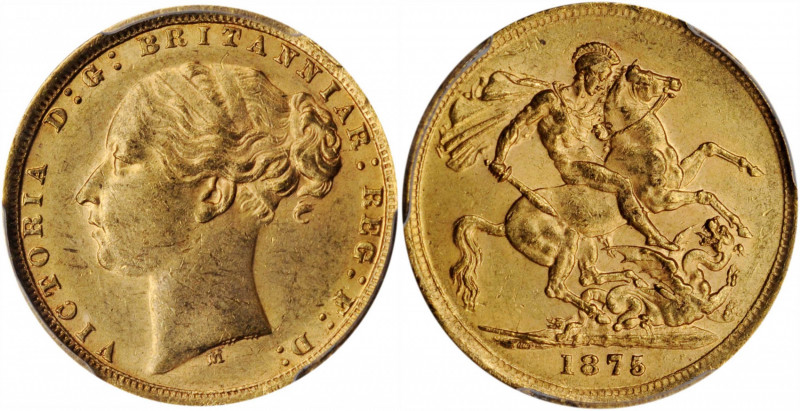 AUSTRALIA. Sovereign, 1875-M. Melbourne Mint. Victoria. PCGS AU-58 Gold Shield.
...