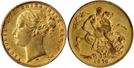 AUSTRALIA. Sovereign, 1876-M. Melbourne Mint. Victoria. PCGS AU-58 Gold Shield.

S-3857; Fr-16; KM-7. A well-preserved Australian sovereign with wear ...