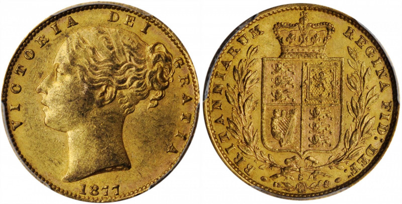 AUSTRALIA. Sovereign, 1877-S. Sydney Mint. Victoria. PCGS AU-58 Gold Shield.

S-...