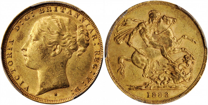 AUSTRALIA. Sovereign, 1883-S. Sydney Mint. Victoria. PCGS AU-55 Gold Shield.

S-...