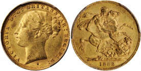 AUSTRALIA. Sovereign, 1883-S. Sydney Mint. Victoria. PCGS AU-55 Gold Shield.

S-3858E; Fr-15; KM-7. Though light wear is apparent across the devices, ...
