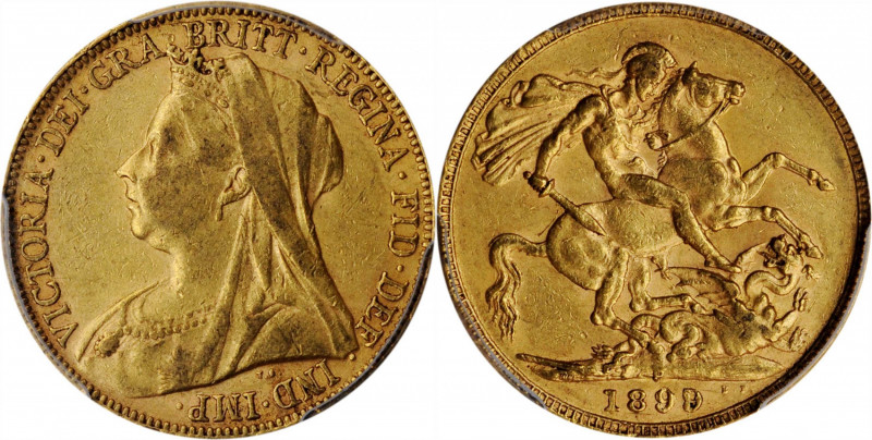AUSTRALIA. Sovereign, 1899-P. Perth Mint. Victoria. PCGS AU-55 Gold Shield.

S-3...