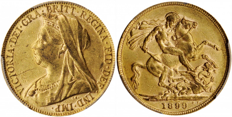 AUSTRALIA. Sovereign, 1899-P. Perth Mint. Victoria. PCGS AU-55 Gold Shield.

S-3...