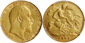 AUSTRALIA. 1/2 Sovereign, 1904-P. Perth Mint. PCGS AU-53 Gold Shield.

S-3976A; Fr-37; KM-14. A decently struck coin with some luster remaining in the...