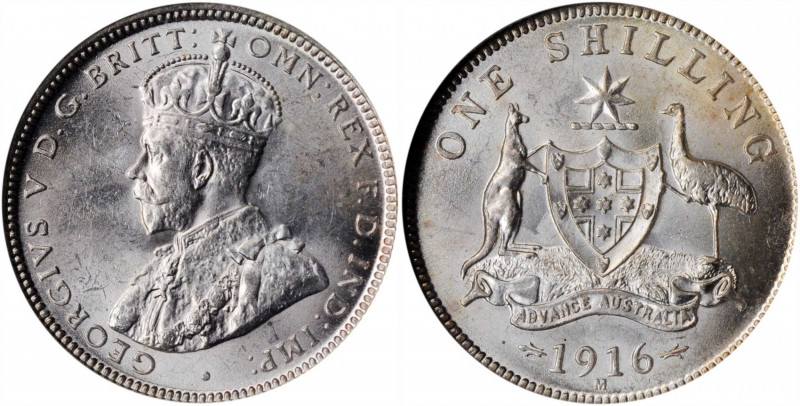 AUSTRALIA. Shilling, 1916-M. Melbourne Mint. NGC MS-64.

KM-26. A sharply struck...
