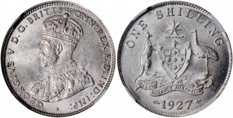 AUSTRALIA. Shilling, 1927. Melbourne Mint. NGC MS-63.

KM-26. A pleasing Shillin...