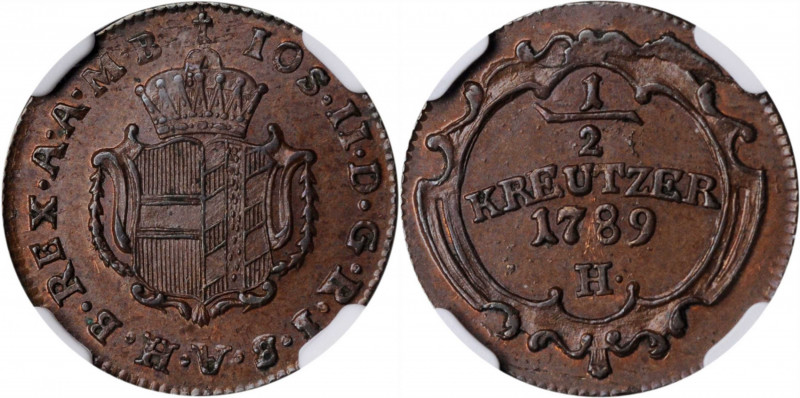 GERMANY. Further Austria. 1/2 Kreuzer, 1789-H. Gunzburg Mint. Josef II. NGC MS-6...