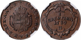 GERMANY. Further Austria. 1/2 Kreuzer, 1789-H. Gunzburg Mint. Josef II. NGC MS-63 Brown.

KM-8. A pleasing, boldly struck coin with satiny luster and ...