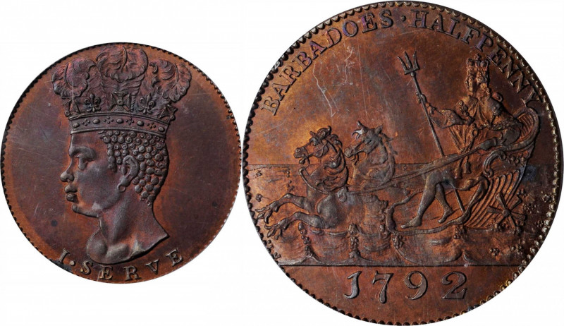 BARBADOS. Copper 1/2 Penny Restrike, "1792". PCGS PROOF-64 Red Brown.

KM-Tn9; P...