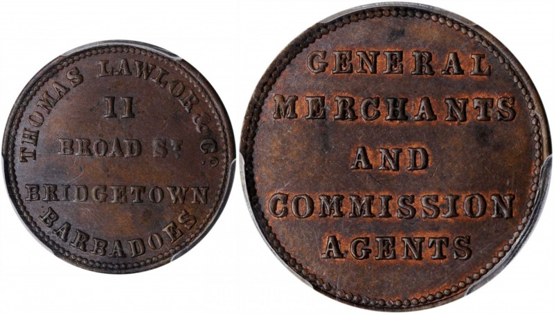 BARBADOS. Thomas Lawlor & Co. Copper Farthing Token, ND (ca. 1850). PCGS MS-63 B...