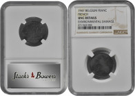 BELGIUM. Franc, 1947. NGC Unc Details--Environmental Damage.

KM-127. Struck in zinc, with French name on left side of shield. A moderately struck Fra...