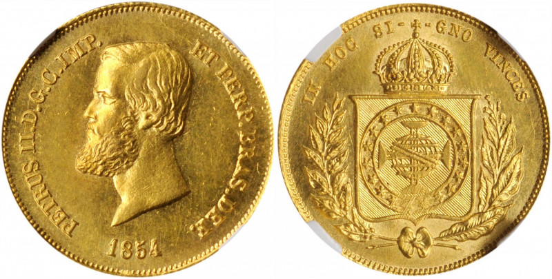 BRAZIL. 5000 Reis, 1854. Rio de Janeiro Mint. Pedro II. NGC Unc Details--Surface...