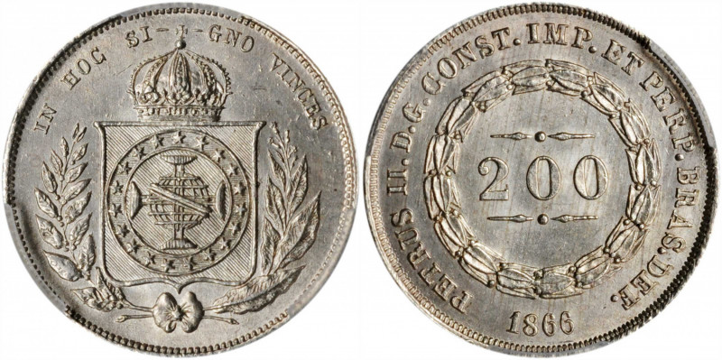 BRAZIL. 200 Reis, 1866. Rio de Janeiro Mint. Pedro II. PCGS MS-64 Gold Shield.

...