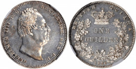 BRITISH GUIANA. Guilder, 1836. William IV. NGC PROOF-61.

KM-25. Plain Edge Variety. A boldly struck and flashy Proof, with some patches of almond ton...