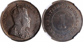 BRITISH HONDURAS. Cent, 1906. NGC MS-62 Brown.

KM-11; Prid-53. A softly lustrous Cent with dark brown patina and hints of electric blue on the revers...