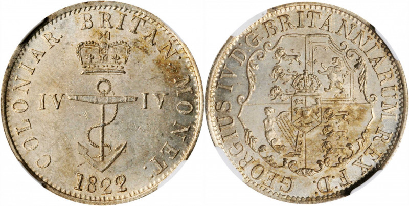 BRITISH WEST INDIES. 1/4 Dollar, 1822/1. George IV. NGC MS-62.

KM-3. Mottled al...