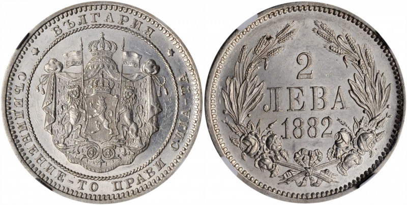BULGARIA. 2 Lev, 1882. St. Petersburg Mint. Alexander I. NGC MS-63.

KM-5. A del...