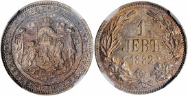 BULGARIA. Lev, 1882. St. Petersburg Mint. Alexander I. NGC MS-61.

KM-4. A well struck Lev with satiny luster and pervasive, dark plum toning througho...