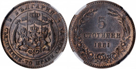 BULGARIA. 5 Stotinki, 1881. Heaton Mint. Alexander I. NGC MS-64 Brown.

KM-2. An attractive, lustrous coin with glossy surfaces and some mint red rema...