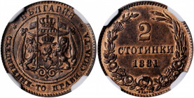 BULGARIA. 2 Stotinki, 1881. Heaton Mint. Alexander I. NGC MS-63 Brown.

KM-1. A boldly struck coin with soft luster and mint red remaining in the prot...