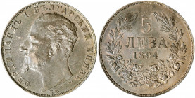 BULGARIA. 5 Leva, 1894-KB. Kremnica Mint. Ferdinand I. PCGS AU-53 Gold Shield.

KM-18. A wholesome, lightly circulated Crown with mottled dark gray to...
