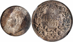BULGARIA. 2 Leva, 1891-KB. Kremnica Mint. Ferdinand I. NGC AU-58.

KM-14. A well struck coin with strong underlying luster. A pleasing, gray to dark p...