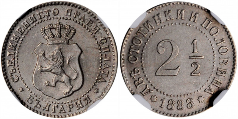 BULGARIA. 2-1/2 Stotinki, 1888. Brussels Mint. Ferdinand I. NGC MS-63.

KM-8. A ...