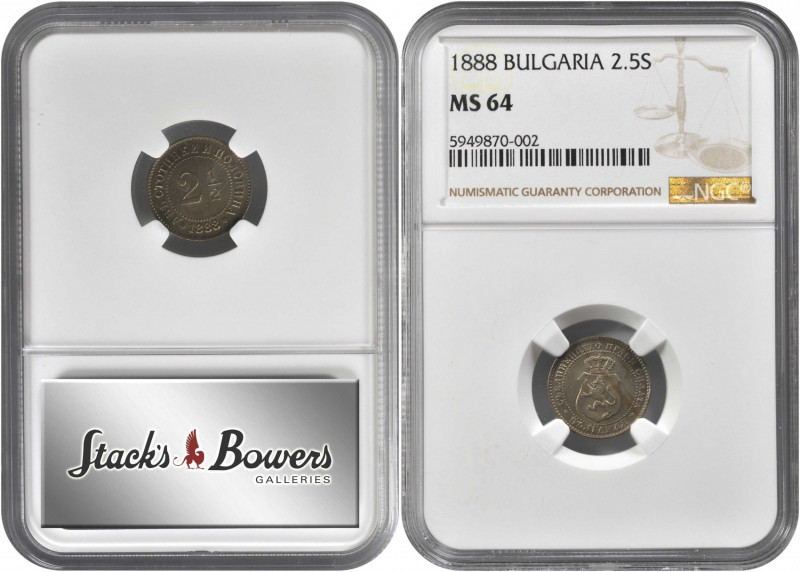 BULGARIA. 2-1/2 Stotinki, 1888. Brussels Mint. Ferdinand I. NGC MS-64.

KM-8. A ...
