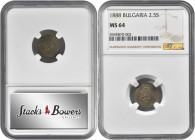 BULGARIA. 2-1/2 Stotinki, 1888. Brussels Mint. Ferdinand I. NGC MS-64.

KM-8. A well struck and pleasantly toned coin, with soft underlying luster and...