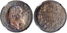 BULGARIA. 50 Stotinki, 1910. Kremnica Mint. Ferdinand I. NGC MS-62.

KM-27. A dazzling, lustrous little coin with dramatic plum to magenta to cobalt t...