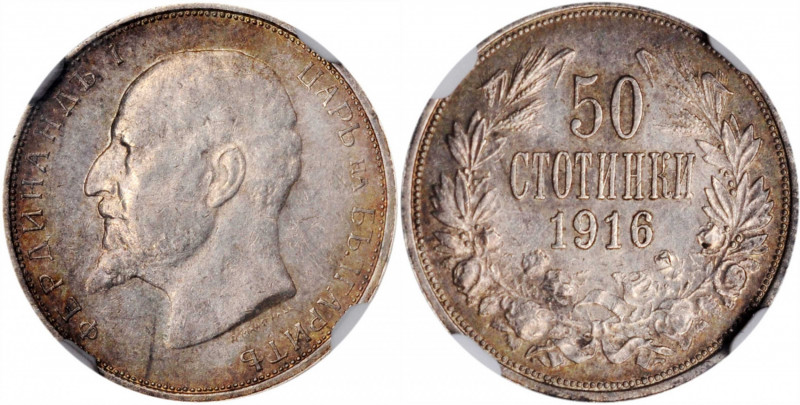 BULGARIA. 50 Stotinki, 1916. Kremnica Mint. Ferdinand I. NGC MS-60.

KM-30. A de...
