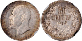 BULGARIA. 50 Stotinki, 1916. Kremnica Mint. Ferdinand I. NGC MS-60.

KM-30. A decently struck coin with subtle luster and gray to almond toning.

Esti...