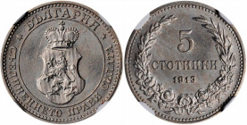 BULGARIA. 5 Stotinki, 1913. Vienna Mint. Ferdinand I. NGC MS-64.

KM-24. A sharply struck coin with silky luster and a hint of toning color in the fie...