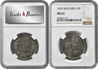 BULGARIA. 10 Leva, 1943. Vienna Mint. NGC MS-63.

KM-40b. Struck in nickel-plated steel, this issue commemorates the death of Krum, Khan of Bulgaria 8...