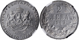 BULGARIA. 2 Leva, 1943. Berlin Mint. NGC MS-64.

KM-49. A lustrous, near-Gem quality coin with steel-gray toning throughout.

Estimate: $200.00-$300.0...