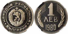 BULGARIA. Lev, 1980. Sofia Mint. NGC PROOF-67 Cameo.

KM-90. Mintage: 2,000. A Proof with reflective fields, frosty raised devices, and a pale brassy ...