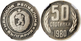 BULGARIA. 50 Stotinki, 1980. Sofia Mint. NGC PROOF-67 Cameo.

KM-89. Mintage: 2,000. A flashy Proof with reflective fields, frosty raised devices, and...
