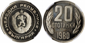 BULGARIA. 20 Stotinki, 1980. Sofia Mint. NGC PROOF-68 Cameo.

KM-88. Mintage: 2,000. A pleasing Proof with flashy, reflective fields, frosty devices, ...