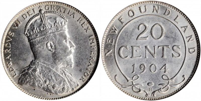 CANADA. Newfoundland. 20 Cents, 1904-H. Heaton Mint. PCGS AU-58.

KM-10. A whole...