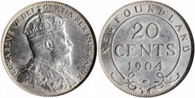 CANADA. Newfoundland. 20 Cents, 1904-H. Heaton Mint. PCGS AU-58.

KM-10. A wholesome example of the type with bright, full luster and virtually no ton...