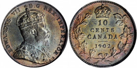 CANADA. 10 Cents, 1902. London Mint. PCGS MS-63 Gold Shield.

KM-9. A boldly struck coin with silky luster and gorgeous cyan to plum concentric toning...