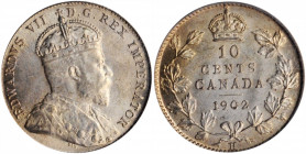 CANADA. 10 Cents, 1902-H. Heaton Mint. PCGS MS-65.

KM-10. An attractive, highly lustrous Gem with sharp strike detail and a hint of almond toning.

E...