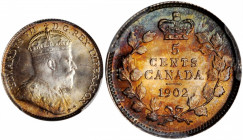 CANADA. 5 Cents, 1902. London Mint. PCGS MS-66+ Gold Shield.

KM-9. A gorgeous Gem with radiant satiny luster and almond to lilac toning toward the pe...